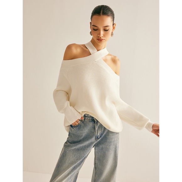 Commense Off Shoulder Cross Neck Sweater Pullover Knit Top Elegant Chic white - Picture 1 of 6